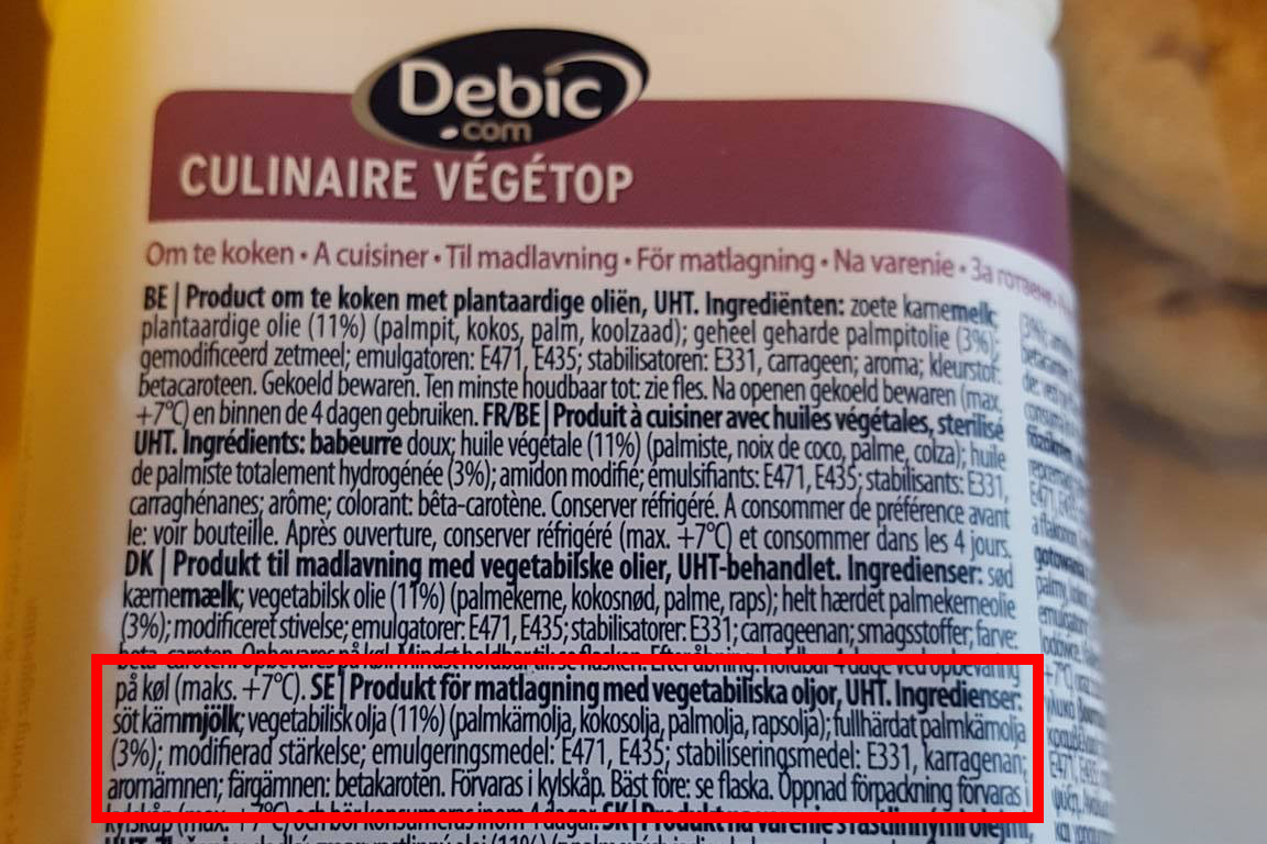 Debic Culinaire Végétop baksida. Läsarbild.